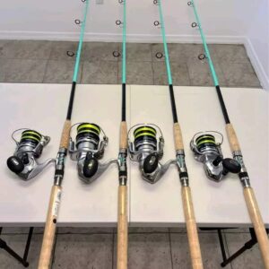 4 Shimano Saragosa reels mounted on Tsunami carbon shield rods