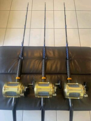 3 Shimano Tiagra 80W 2 speed reels with rod.