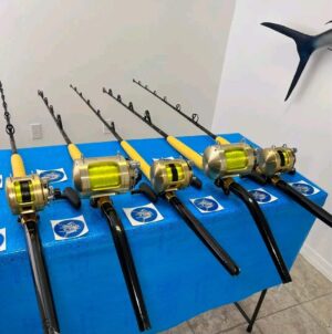 5 Shimano Tiagra 2 speed reels with rods.